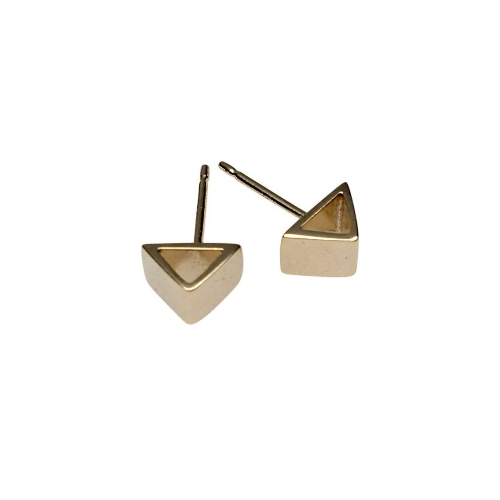 A a pair of gold triangle Stud earrings on a white background 