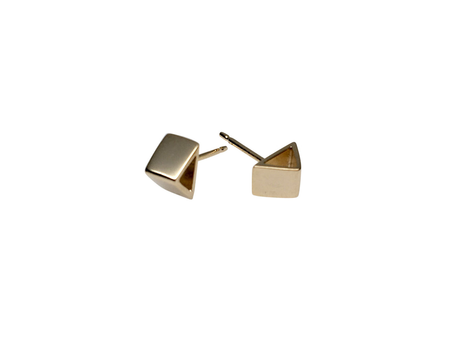 A a pair of gold triangle Stud earrings on a white background