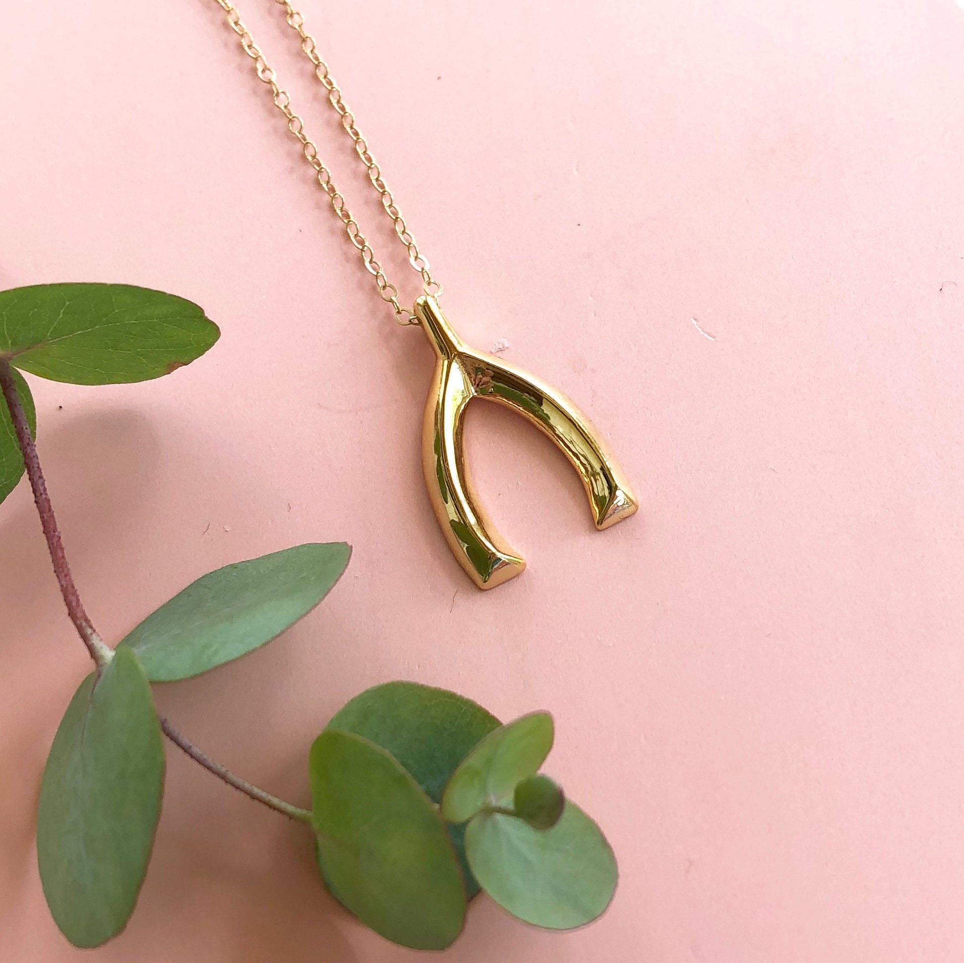 Sarah Cecelia Gold wishbone necklace on a pink background and eucalyptus