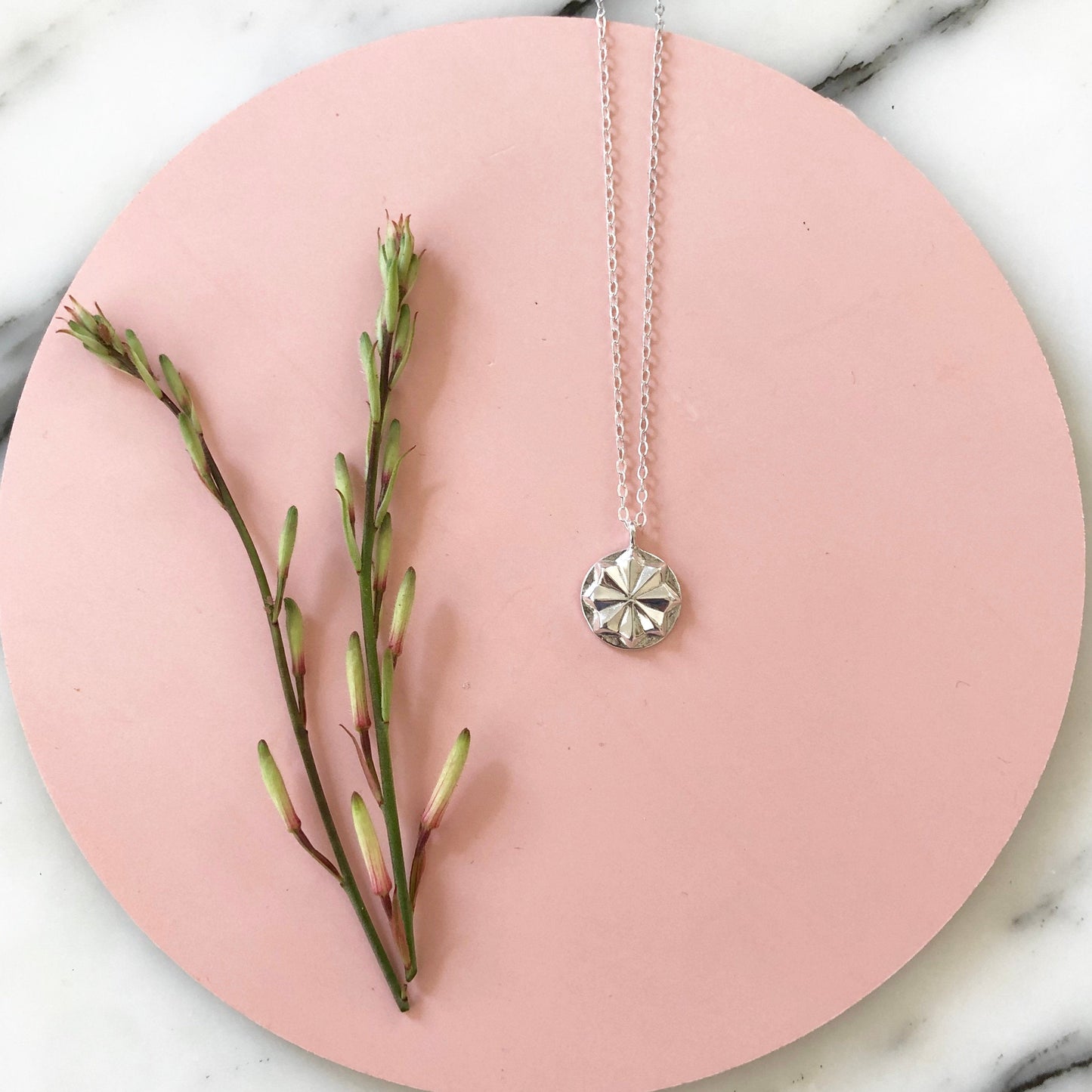 Silver circular medallion necklace on a sterling silver chain with pink circular background with greenery