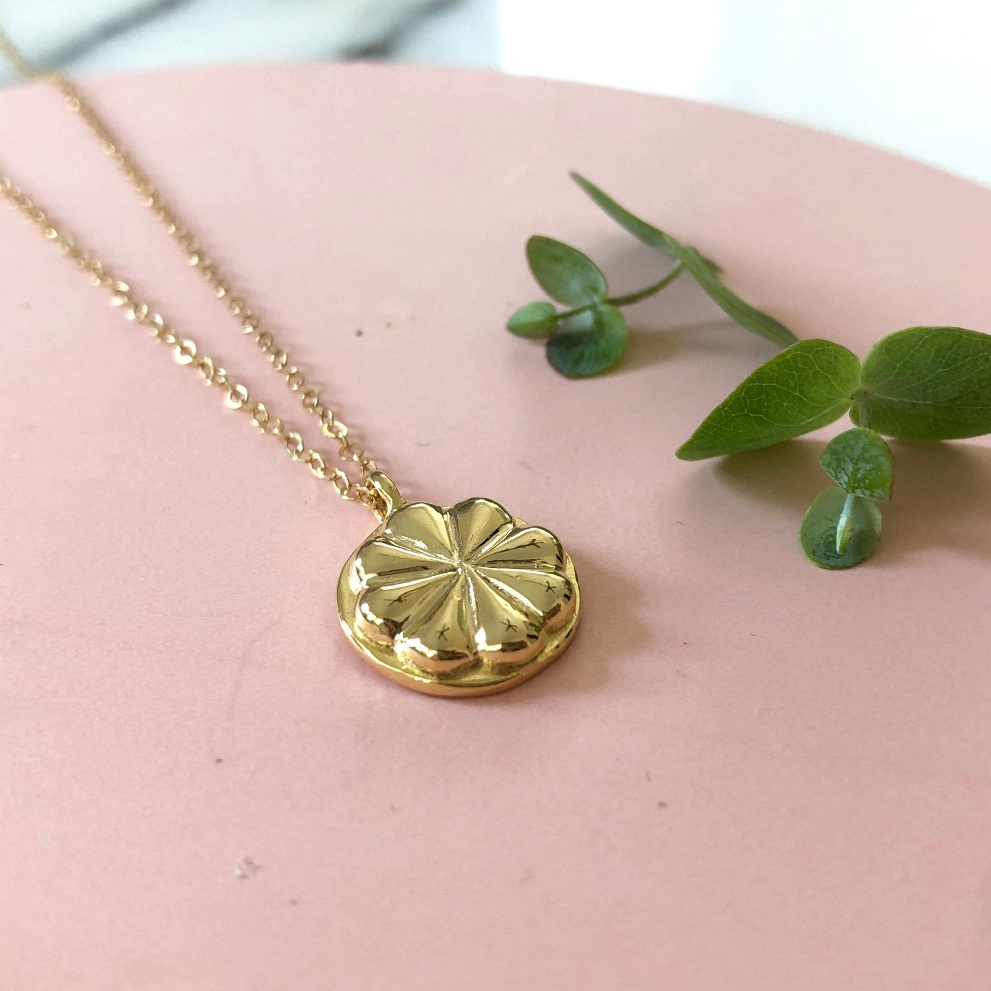 close up of a gold circular medallion necklace on a gold chain on a pink background with greenery