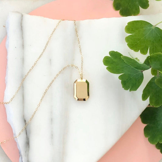 Gold Gemma Necklace displayed on a piece of marble with greenery